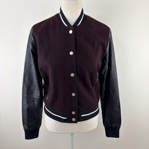 Abercrombie & Fitch Women's Varsity Jacket Burgundy Black Wool Faux Leather Smal